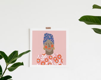 African Girl with Floral Headscarf Portrait Illustrations | Printable Instant Download Print Yourself Cool Bohemian | Afro Punk
