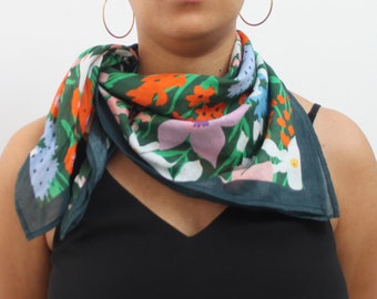 Organic Cotton Scarf 100% Sustainable Voile Ven Bandana Designed by Emma Make 63cm square | Floral Head Scarf | Print Scarf | Scarf Top