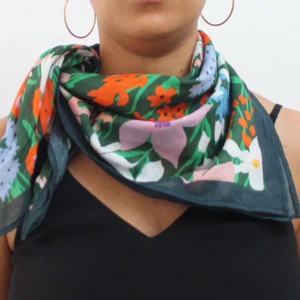 Organic Cotton Scarf 100% Sustainable Voile Ven Bandana Designed by Emma Make 63cm square | Floral Head Scarf | Print Scarf | Scarf Top