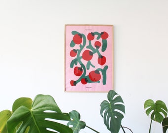 Large Pink Tomato Screen Print Wall Hanging 50x70 Kitchen Art | Tomato Art