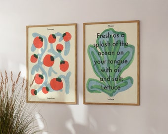 Tomates sur la vigne et la laitue Risograph Print Gallery Wall Lot de 2 A5 | Fabriqué au Portugal | Fruits et légumes