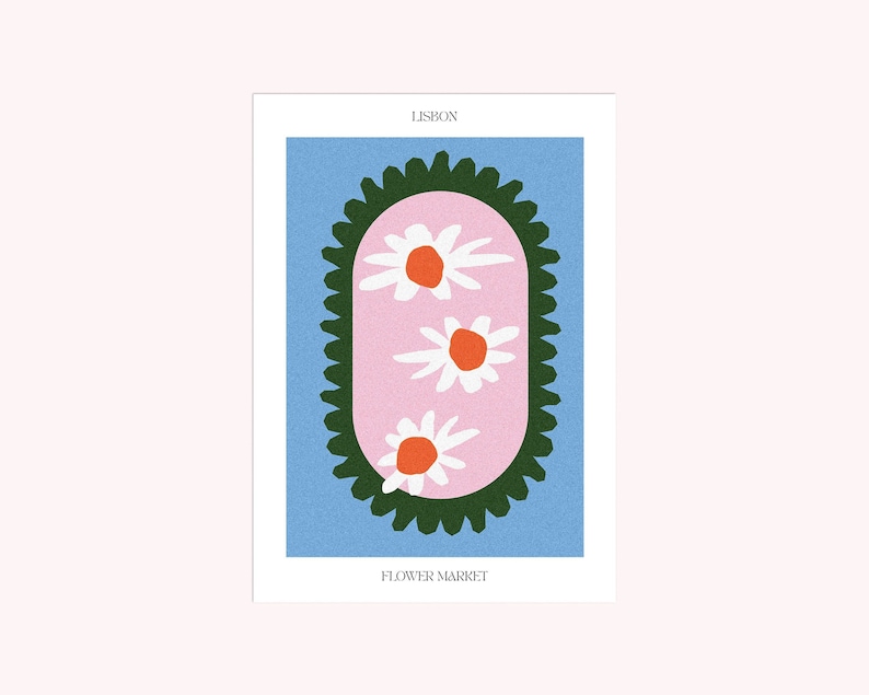 May include: A pink and white illustration of daisies with green foliage in a circle on a light blue background. The text "LISBON" is at the top and "FLOWER MARKET" is at the bottom.