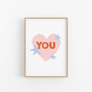 Love You Heart Screen Print, Quirky Home Decor, Twin Flame Gift, Engagement Pictures, Indie Gift image 1