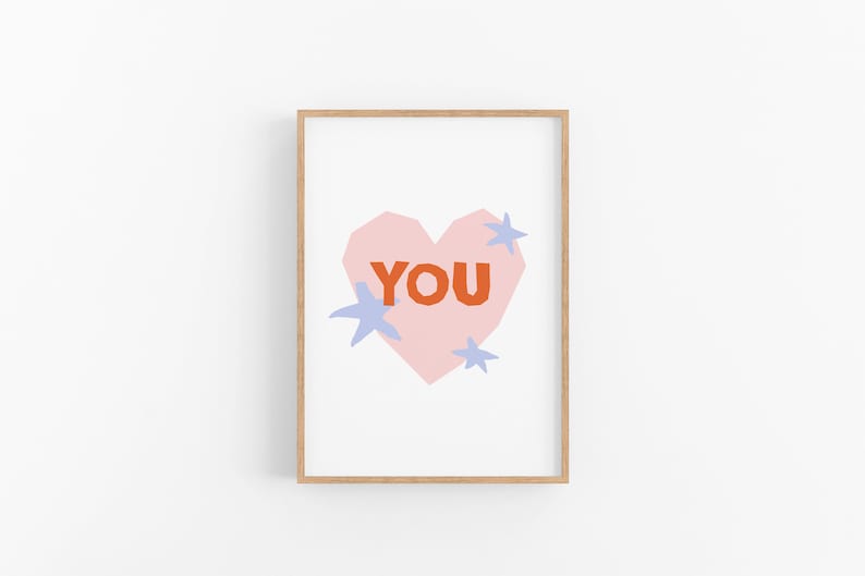 Love You Heart Screen Print, Quirky Home Decor, Twin Flame Gift, Engagement Pictures, Indie Gift image 1