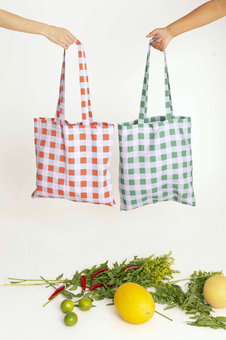 Y2k Streetwear Gingham Organic Tote Bag Made in Portugal Cute Cavas Tote Bag Christmas Under 30 Vegan Handbags image 6