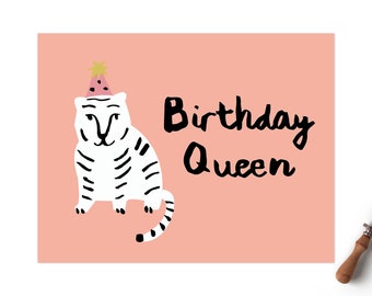 Carte d'anniversaire Queen par Emma Make avec enveloppe kraft 13,9 x 10,7 cm | Carte Tigre