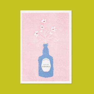 Blue Vodka Bottle Floral Bouquet Risograph A4 Print and Wall Art | Quirky Wall Art | Pastel Desk