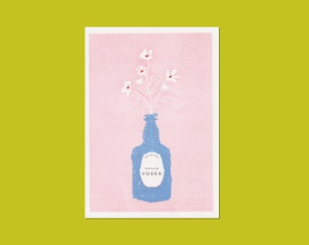 Blue Vodka Bottle Floral Bouquet Risograph A4 Print and Wall Art | Quirky Wall Art | Pastel Desk