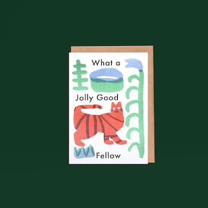May include: A greeting card with a colorful illustration of a cat, plants, and the text "What a Jolly Good Fellow".