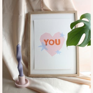 Love You Heart Screen Print, Quirky Home Decor, Twin Flame Gift, Engagement Pictures, Indie Gift image 3