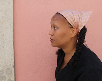 Thandie Checkerboard Silk Milkmaid Headscarf with ties | Cyber Y2k | 90s Nostalgia