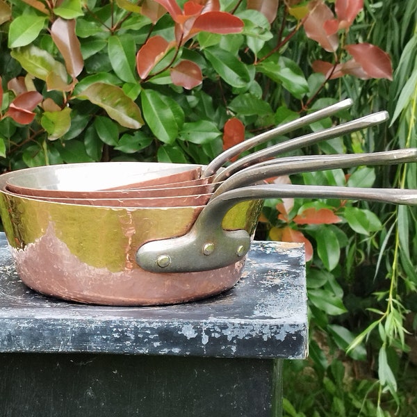 Vintage Copper Tapered Saute Windsor style Professional Pan Pot Set of 5 Hand Hammered French 2mm