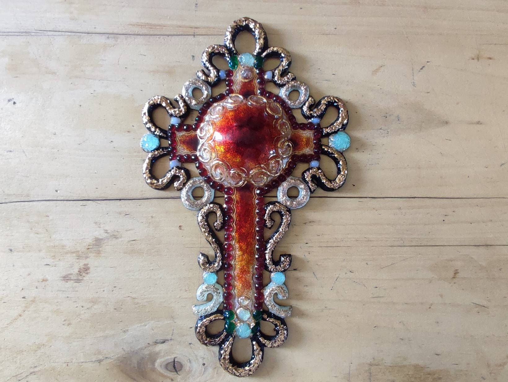 Grande Croix en Émail de Limoges Du Milieu Siècle sur Cuivre Par Duban et Christel 12 Pouces Haut Ve