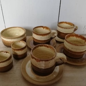 Denis Lane Newlyn Harbour Pottery Celtic Ceramic Studio Pottery 4 Cups and Saucers with Open Sugar Bowl And 2 Egg Cups
