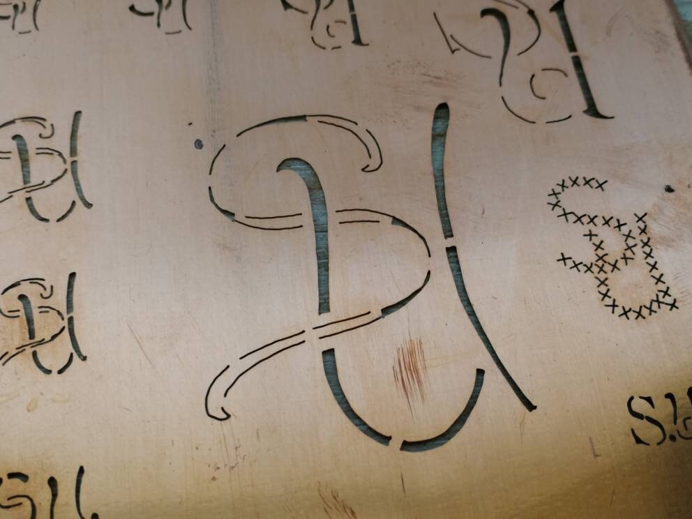 Antique Copper Stencil Monogram Initials S U Art Nouveau Script ...