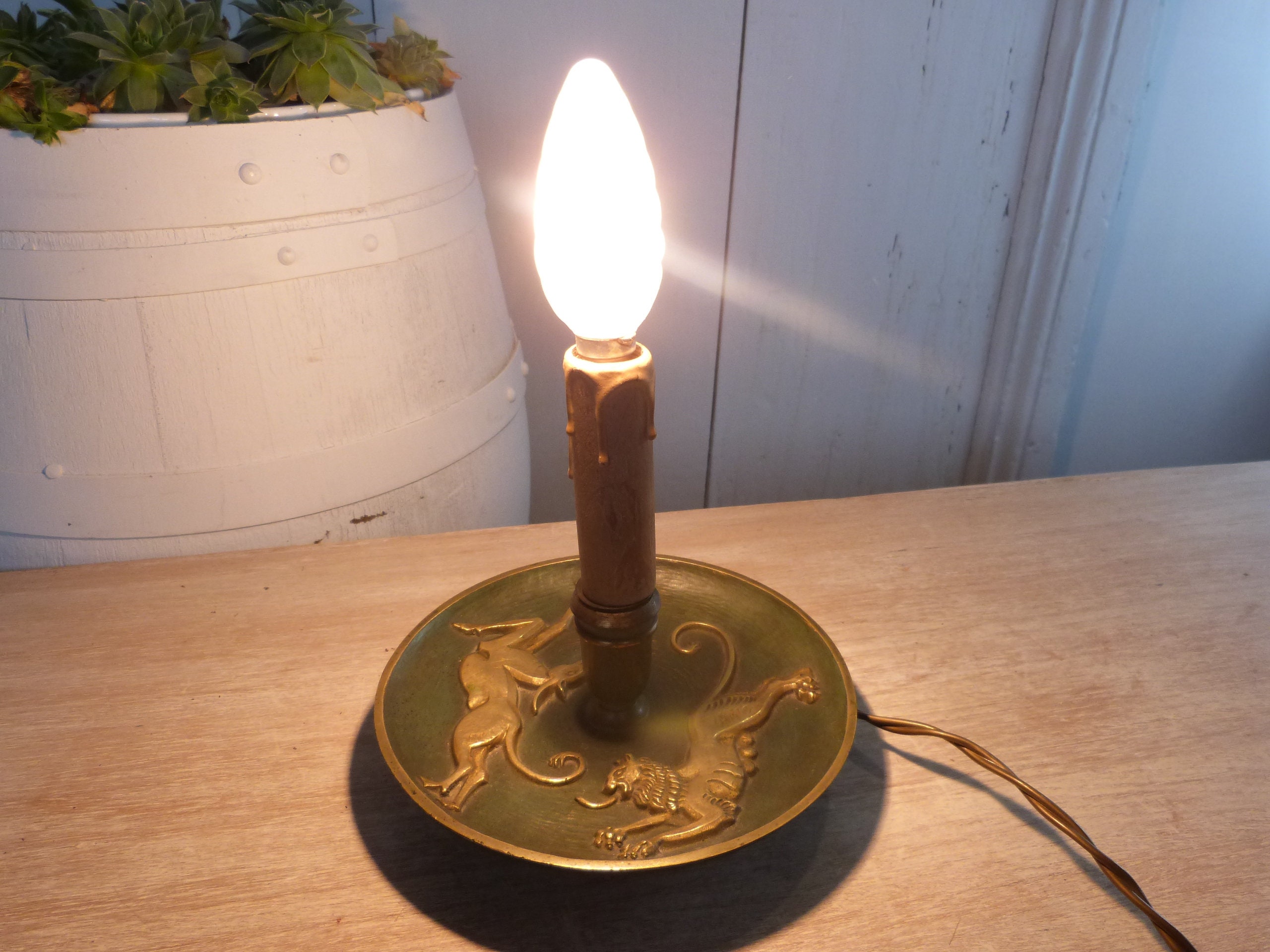Candle Stick Lamp Mid Century Modern Brass Zodiac Leo Chasing Etsy