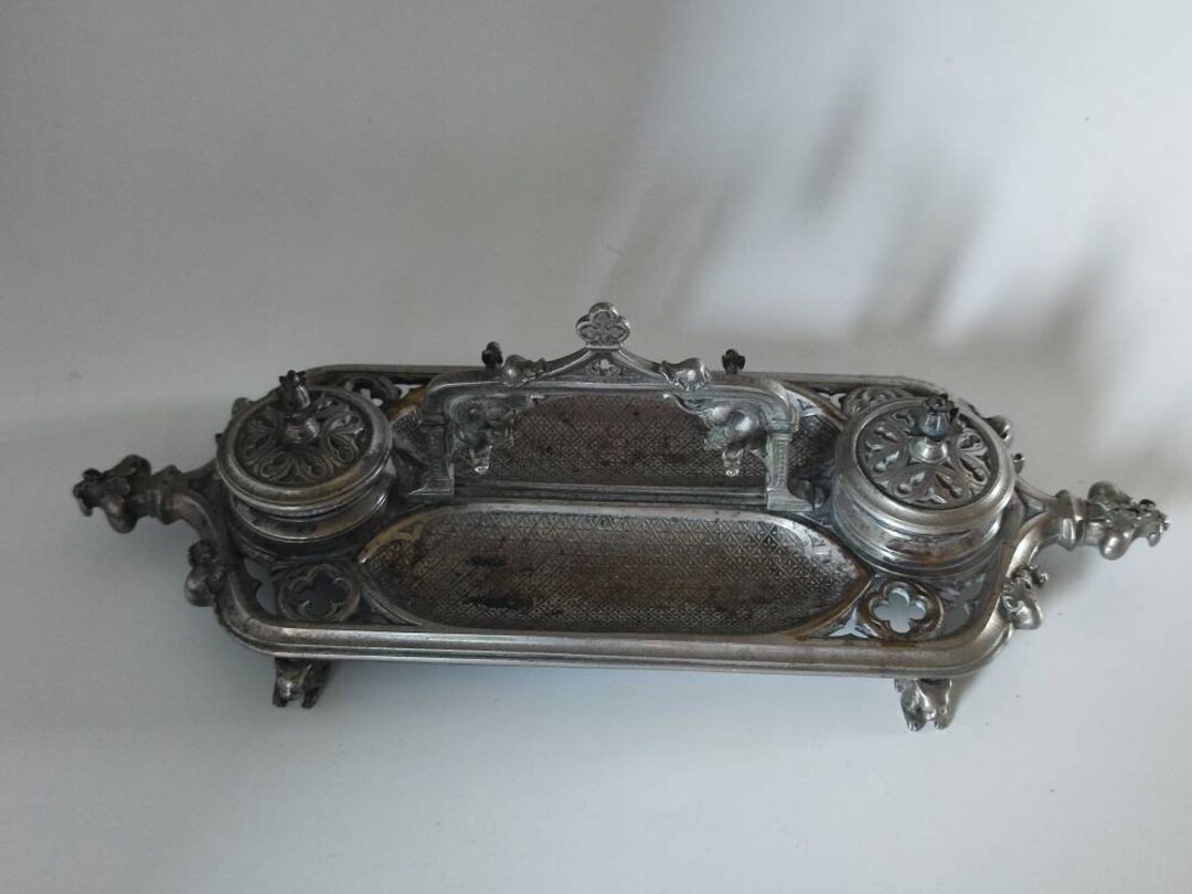 Antique Double Inkwell and Pen Rest Silvered Bronze Cathedral Style
