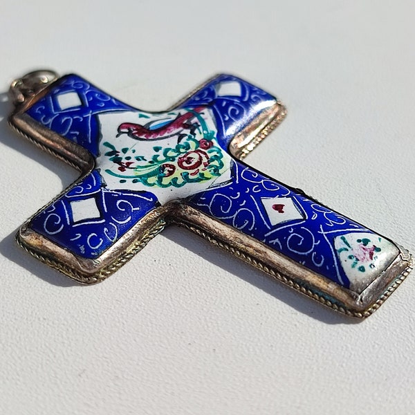 Vintage Blue Enamel Cross with Bird Design, Unusual Very Pretty Cross Pendant