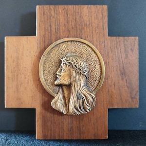 Wall Cross Bronze on Hardwood Christ Modernist Sculpture 1948 Mid Century Modern