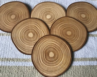 Wooden engraved tree ring coasters