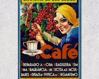 1930s Brazil Coffee Poster | Vintage Café Reprint | Art Deco Wall Print for Kitchen