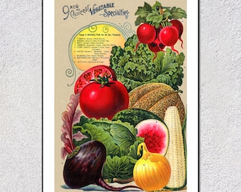 1890s Vegetable Poster | Vintage Garden Chart with Tomato, Corn, Onion | Rustic Kitchen Wall Art