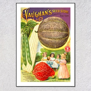 Vintage Seed Catalog Poster Reproduction | Muskmelon Corn Peas Print | Rustic Garden Kitchen Wall Art