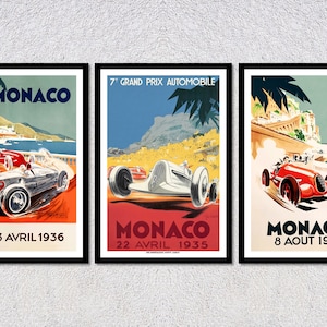 Print of Formula 1 | Auto Racing | Monaco Grand Prix (Vintage Art) Posters | Set of 3 Pictures
