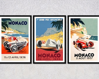 Monaco 1930s Racing Posters Reproduction Set | Vintage Auto Sport Print Set | Historic Car Wall Art (3 pcs)