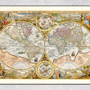 Historische Karte (1594) – Antike Doppelhalbkugel Weltkarte – Vintage Wandkunst