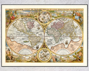 再値下げ26555円 アンティーク風世界地図 二つの球体地図、人気の金＆黒の額縁 1923年 世界半球オリジナルアンティーク地図 - マウント・マット加工