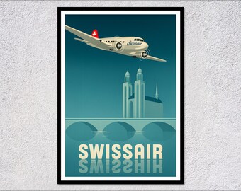 Vintage Aviation Poster | Switzerland Airplane Travel Art