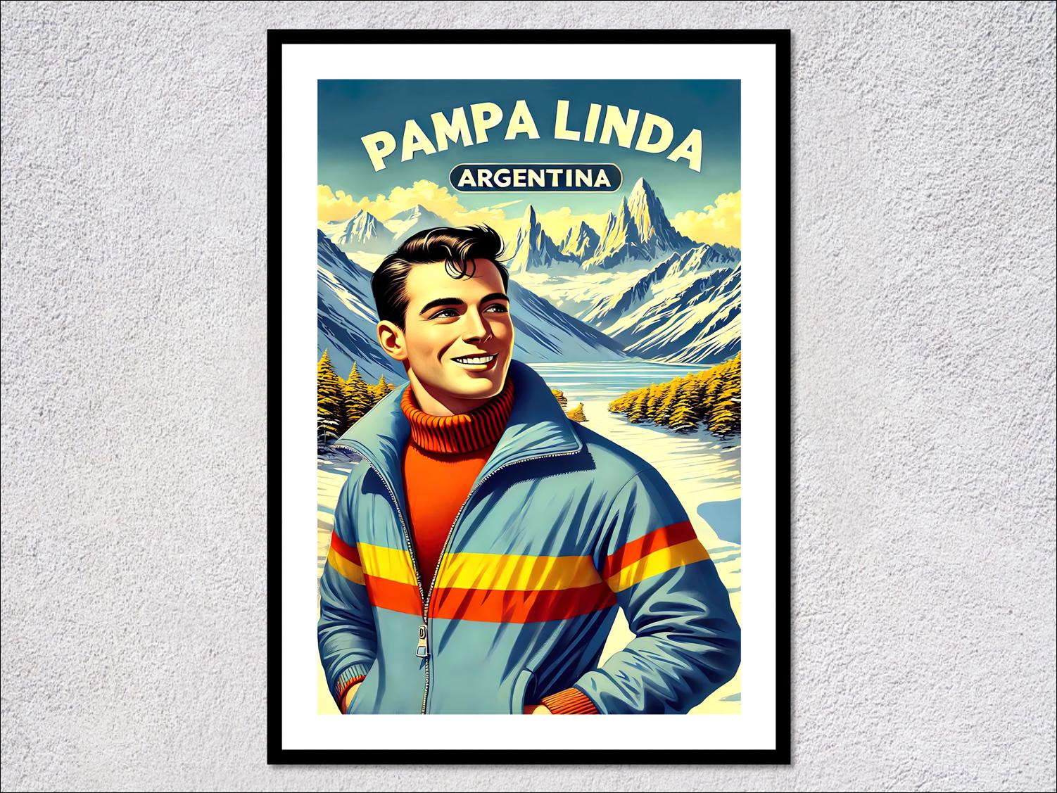 Vintage Style Pampa Linda Ski Argentina Poster, Retro Winter Wall Decor, Ski Trip Souvenir, Mountain Art Print
