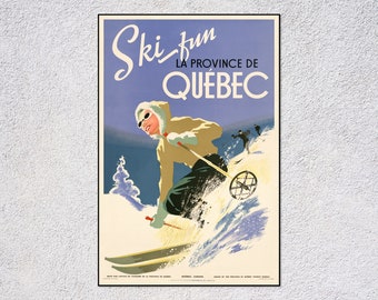 Vintage Quebec Ski Travel Poster – Retro Winter Sports Print – Classic Canada Tourism & Alpine Wall Decor