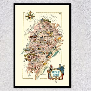Vintage kaartposter Franche-Comté – geïllustreerde regionale kaart van Frankrijk – historische muurkunst