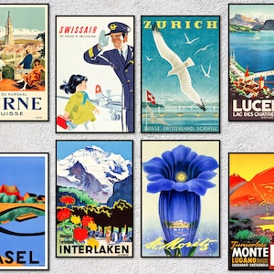 Switzerland Vintage Travel Posters – Swiss Tourism Prints – Retro World Travel Art – Set of 8