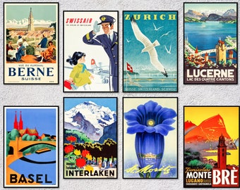Switzerland Vintage Travel Poster | Swiss travel posters | Retro World Travel | Set of 8
