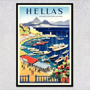 Poster di viaggio in Grecia – Stampa mediterranea vintage – Arte murale greca retrò – Decorazione turistica classica