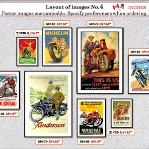 Puede incluir: Un collage de p&oacute;sters vintage de motocicletas, con im&aacute;genes de motocicletas, pilotos y texto. Los p&oacute;sters son de varios tama&ntilde;os y colores, incluyendo rojo, azul, verde y amarillo. Los p&oacute;sters est&aacute;n dispuestos en una cuadr&iacute;cula sobre un fondo gris. El texto en los p&oacute;sters incluye las palabras "Michelin", "Kenderson", "This is Us", "Bergerac" y "Rund um den Kellersee".