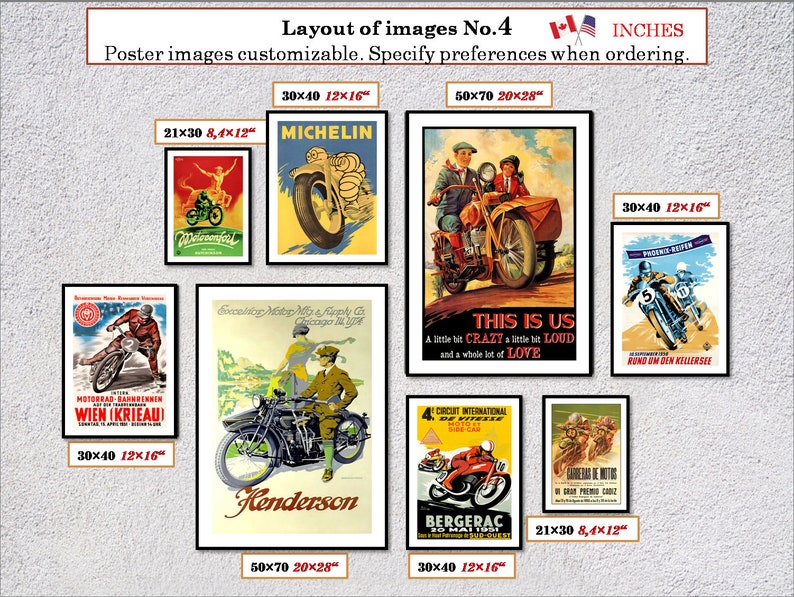 Puede incluir: Un collage de p&oacute;sters vintage de motocicletas, con im&aacute;genes de motocicletas, pilotos y texto. Los p&oacute;sters son de varios tama&ntilde;os y colores, incluyendo rojo, azul, verde y amarillo. Los p&oacute;sters est&aacute;n dispuestos en una cuadr&iacute;cula sobre un fondo gris. El texto en los p&oacute;sters incluye las palabras "Michelin", "Kenderson", "This is Us", "Bergerac" y "Rund um den Kellersee".