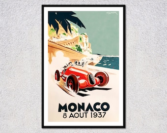 Può includere: Poster vintage di Monaco con un'auto da corsa rossa su una strada costiera. Il poster include il testo "MONACO 8 AOUT 1937" in grassetto. Lo sfondo mostra edifici, palme e il mare, evocando viaggi e storia.