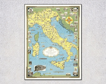 Mapa pictórico de Italia y la Ciudad del Vaticano de 1935 / Roma y el Vaticano / Arte mural vintage