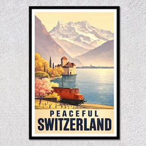 May include: A vintage travel poster for Switzerland, featuring a red train on tracks by a lake, with mountains in the background. The poster has the words "PEACEFUL SWITZERLAND" in bold letters. The scene is framed by a black border.