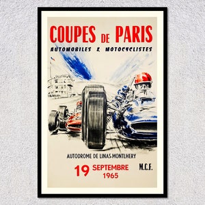 Riproduzione del poster della Paris Coupe Racing del 1965 / Arte motoristica d'epoca / Stampa murale su circuito francese