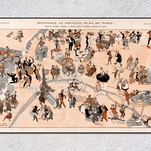 Le Paris à l'ère du jazz (1920) - Carte illustrée satirique de Paris - Art mural vintage