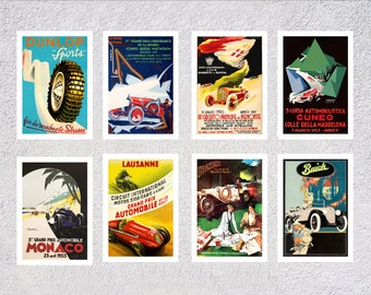 Vintage Car Wall Art | Set 8 Retro Cars | Classic Auto Prints | Last Minute Gift Ideas