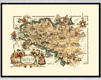 Bretagne Beauty : carte de France illustrée - affiche vintage art et décoration murale
