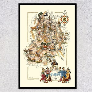 Mapa de la región de Auvernia: póster de cartografía francesa antigua: arte mural histórico