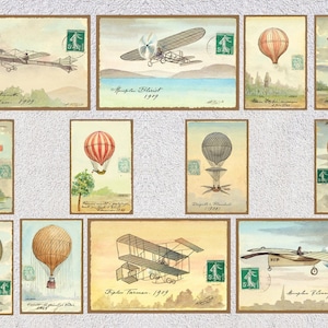de reproduction vintage de cartes postales d'avion | 12 biplans et dirigeables imprimés | Pack d'illustrations aéronautiques