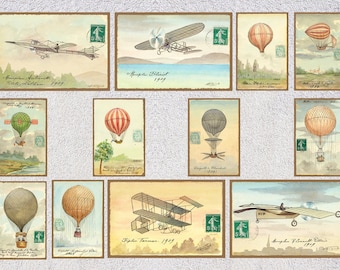 Set of 12 Biplane Postcard - Avion biplan Illustration -  Vintage Airplane Postcard - 4" X 6" or 10 X 15 cm - 5" X 7" or 13 X 18 cm